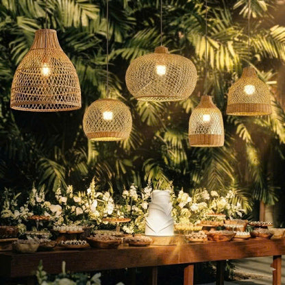 Bohemian style handwoven rattan pendant lights creating a romantic atmosphere for wedding reception decor