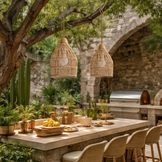 Durable handwoven rattan pendant light adding a natural, rustic charm to outdoor kitchen and patio dining areas
