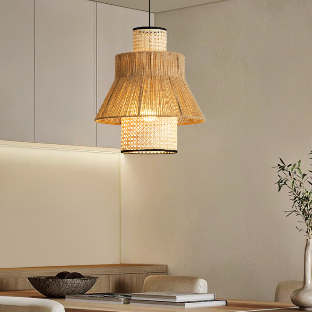 Handwoven rattan and jute layered pendant light featuring natural texture