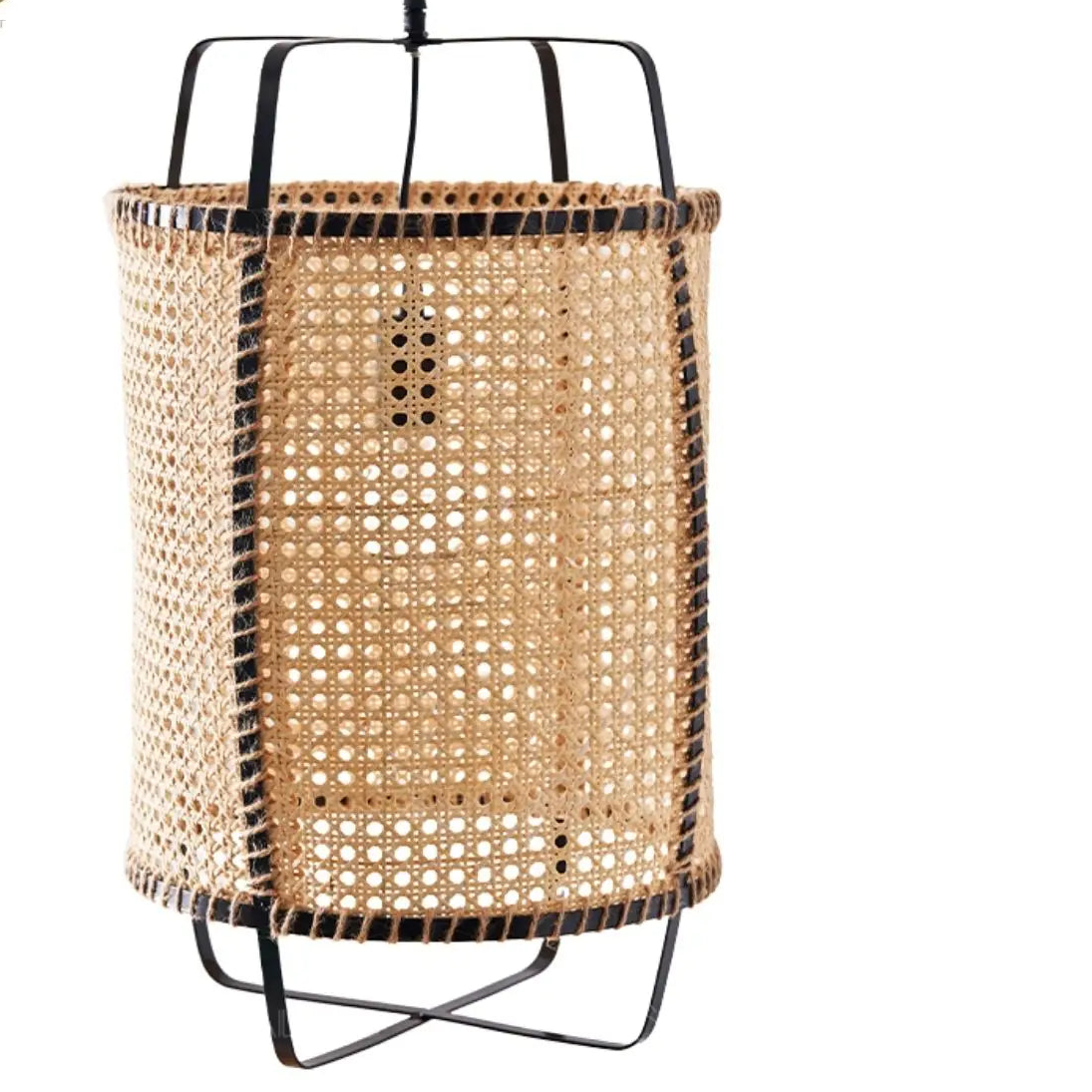 Handwoven rattan cylinder shade with black metal frame for rustic industrial lighting