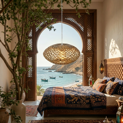 Handwoven seagrass pendant light creating a calming and rustic atmosphere for a peaceful bedroom