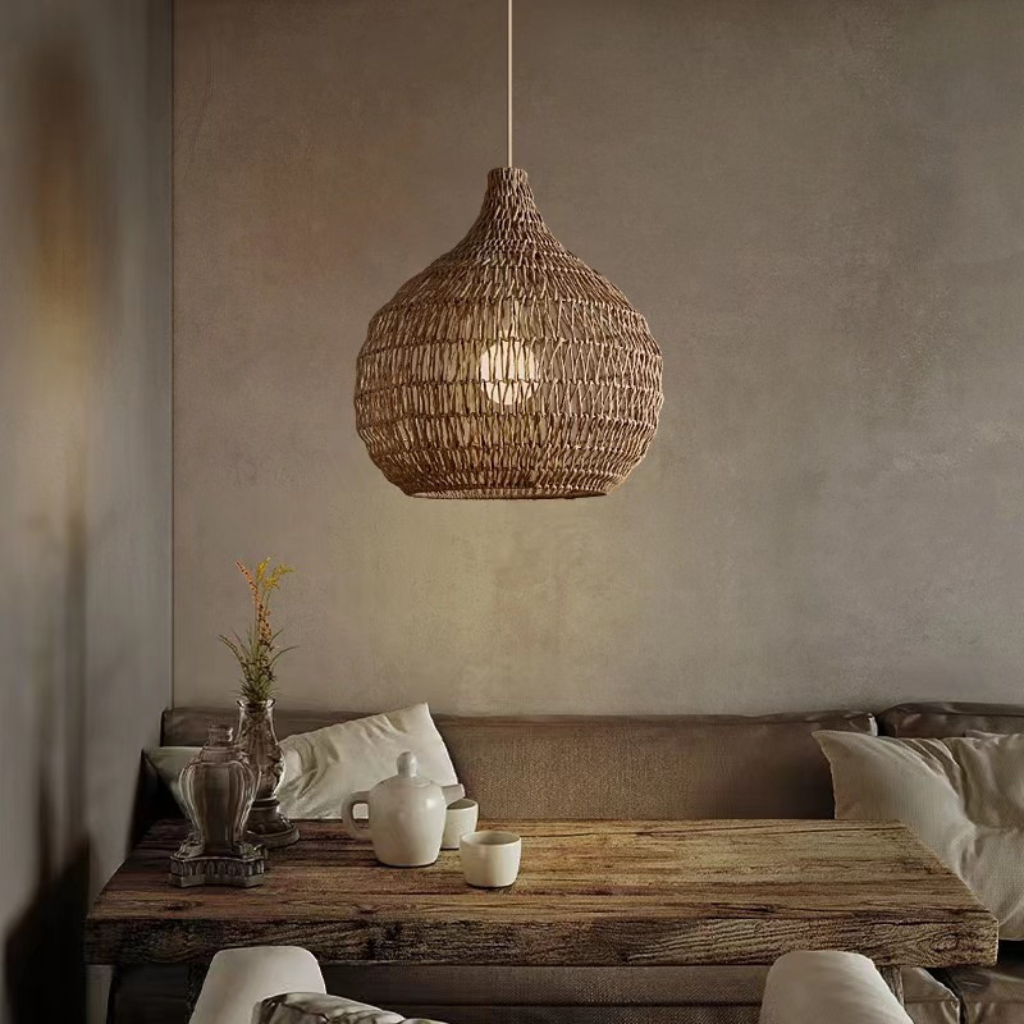 Handwoven seagrass bell pendant light with rich rope texture for natural home decor
