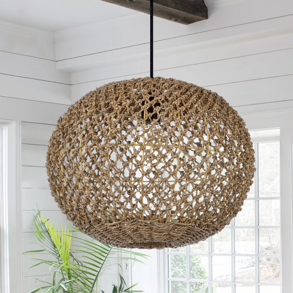 Handwoven seagrass globe pendant light with detailed rope texture for natural home decor