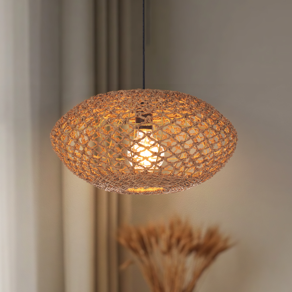 Handwoven seagrass pendant light with organic woven texture for natural home decor