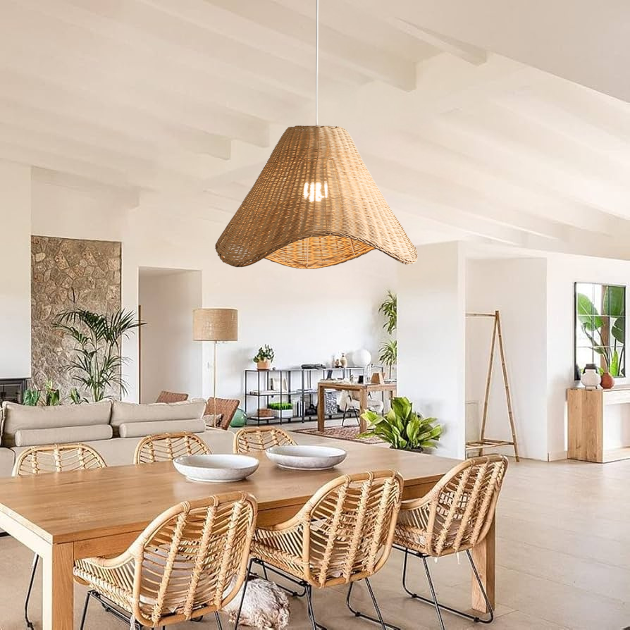 Handwoven wavy rattan pendant light adding organic texture to dining rooms