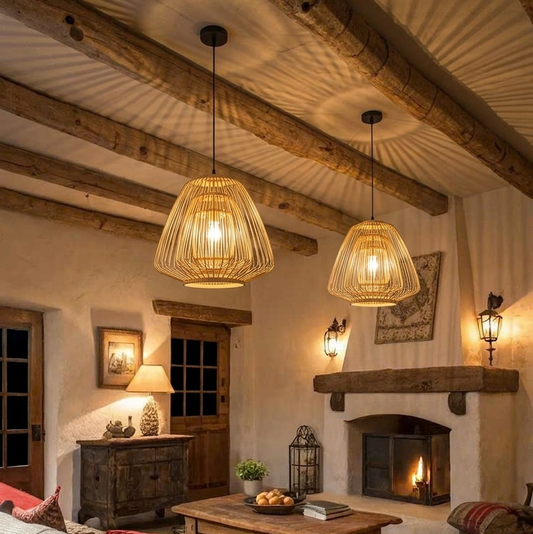 Cozy home style hanging lamp in natural bamboo tiered cage, creating an inviting living room