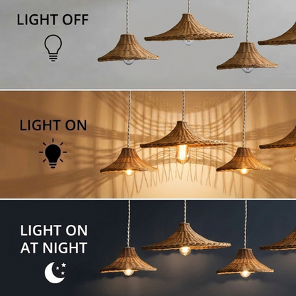 Cozy home style hanging lamp in natural rattan cones, creating an inviting reading nook.