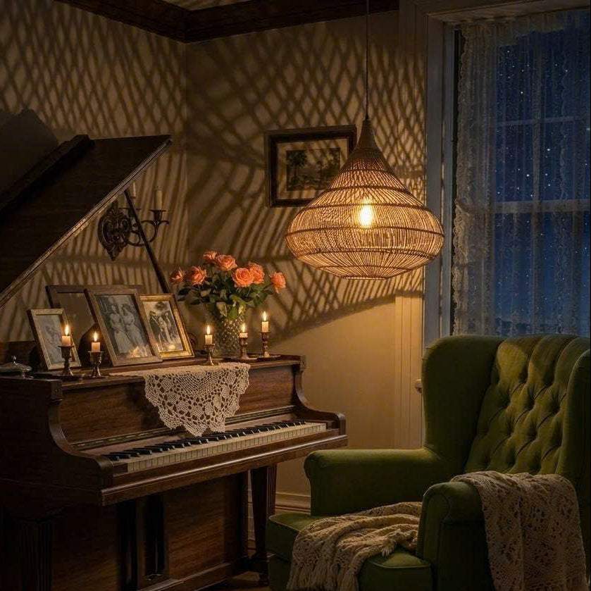 Cozy home style hanging lamp in natural rattan teardrop, creating an inviting reading nook and piano