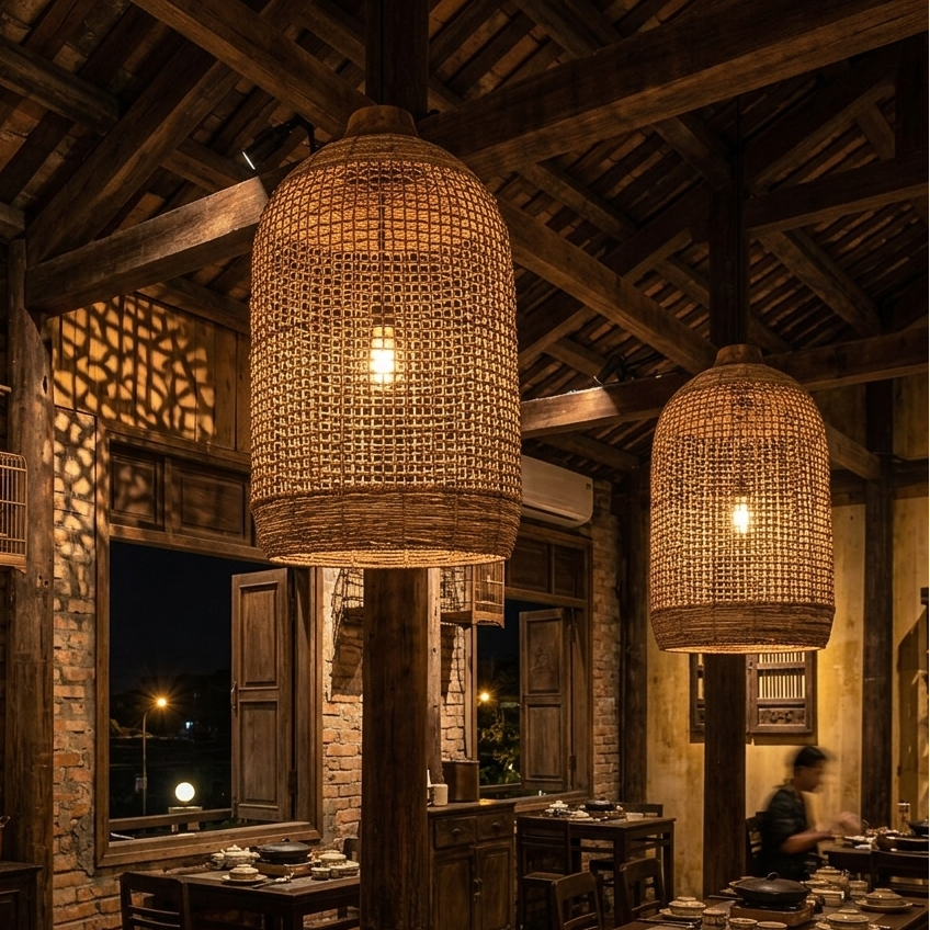 Eco-friendly hanging lamp crafted from natural abaca fiber, perfect for a natural wellness space.
