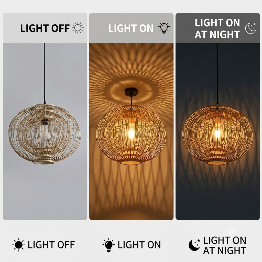 Eco-friendly hanging lamp crafted from natural bamboo cage, perfect for a natural wellness space.