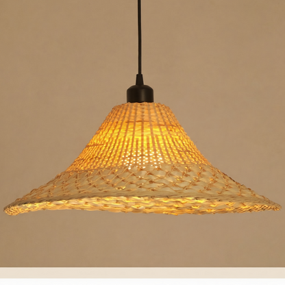 Eco-friendly hanging lamp crafted from natural woven bamboo, perfect for a natural wellness space.