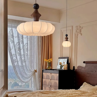 Hanging lamp in Handmade Natural style, featuring Wood Mix Cloth material, ideal for Bedroom decor, providing ambient and task lighting.