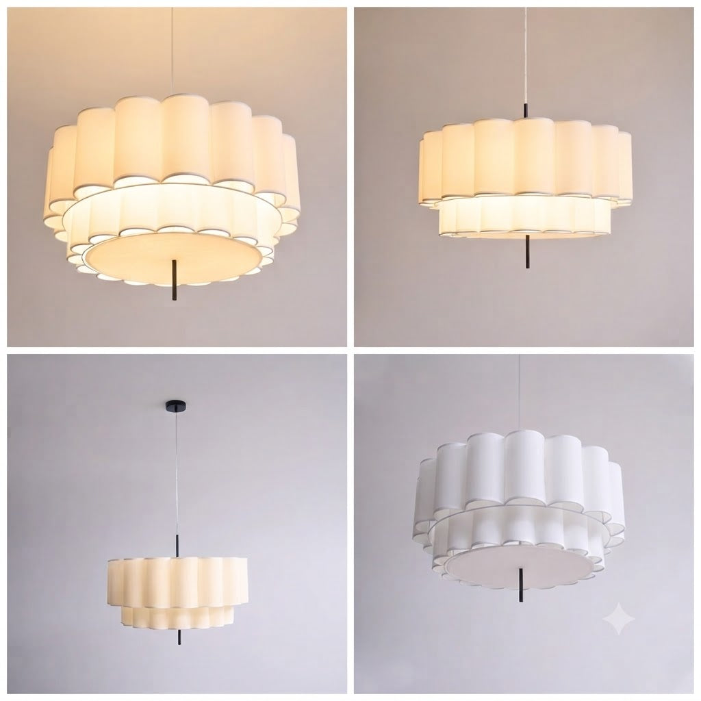 Hanging lamp in Japandi style, featuring fabric material, creating a minimalist, textured look for interior decor.
