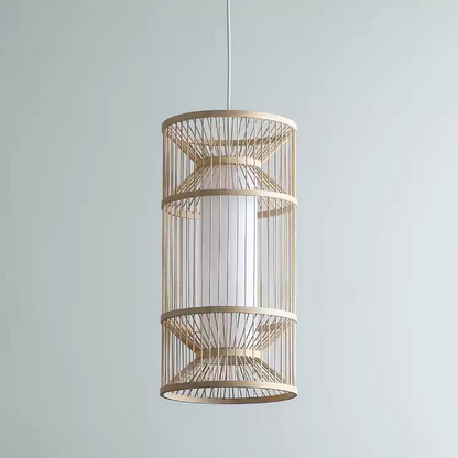 apandi style hanging lamp with sculptural bamboo slat, hanging beautifully over a dining table.