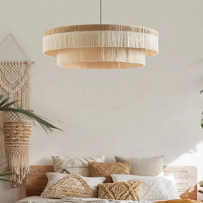 Hanging lamp in modern Raffia style, perfect for bedroom nightstand lighting, offering warm mood light.