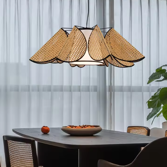 Hanging lamp in modern rattan and fabric style, perfect for dining table lighting, offering beautiful accent light.