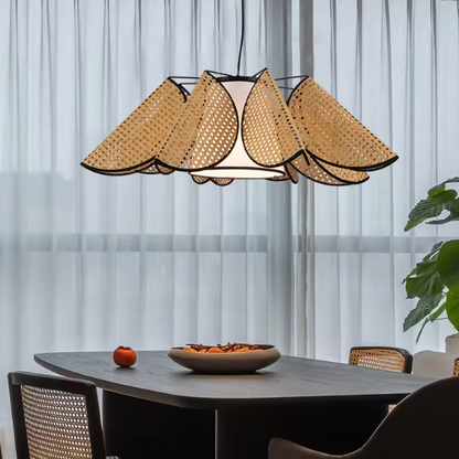 Hanging lamp in modern rattan and fabric style, perfect for dining table lighting, offering beautiful accent light.