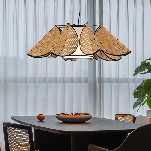 Hanging lamp in modern rattan and fabric style, perfect for dining table lighting, offering beautiful accent light.