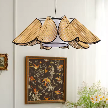 Hanging lamp in modern rattan and fabric style, ideal for art room lighting, offering soft mood illumination.