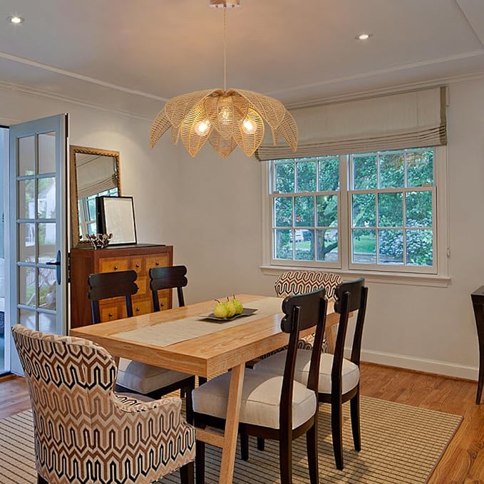 Hanging lamp in modern rattan leaf style, perfect for dining table lighting, offering beautiful accent light.