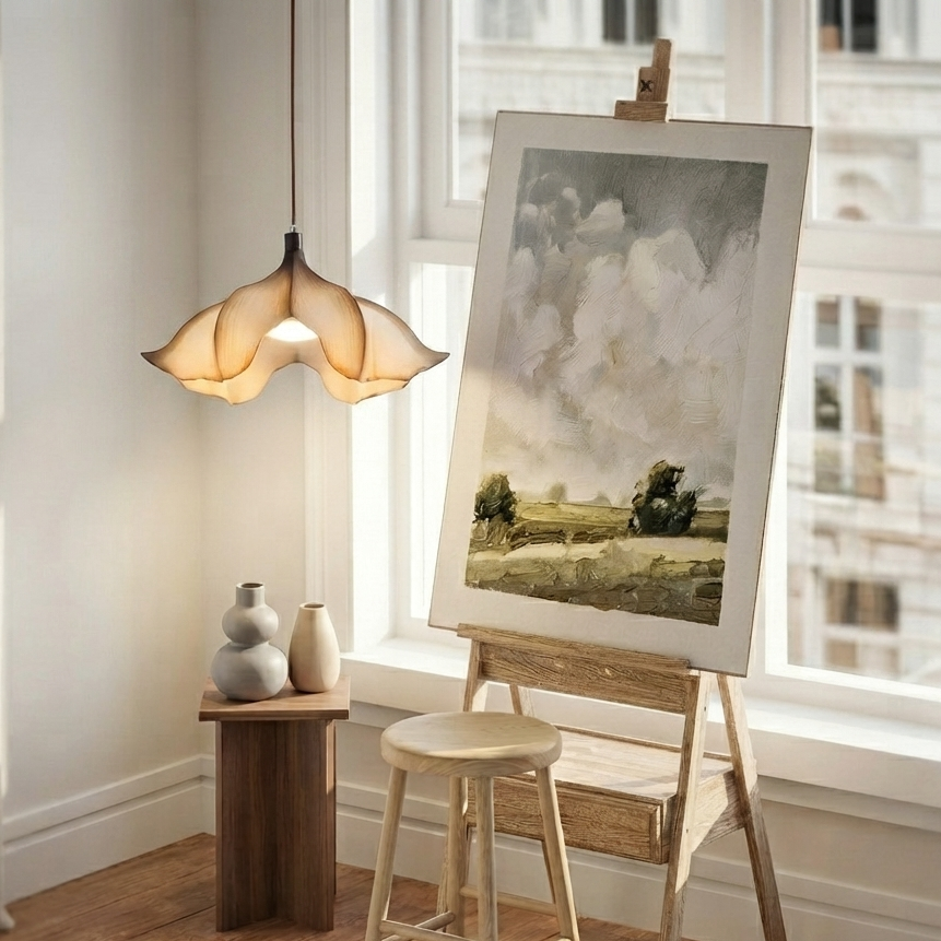 Hanging lamp in Nordic style, featuring Wood Mix Resin material, ideal for Art room decor, providing ambient, task, and mood lighting.