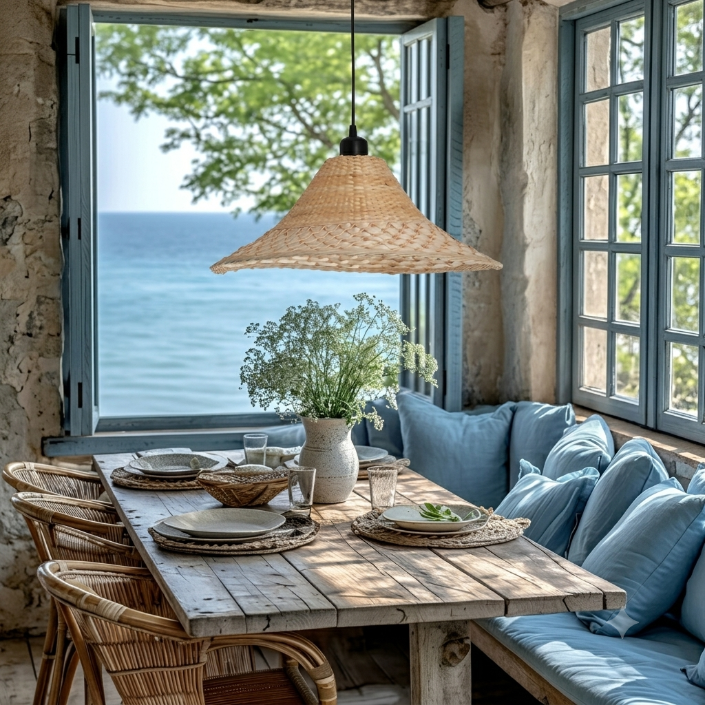 Nordic style hanging lamp in bamboo cone, brightens the dining area.