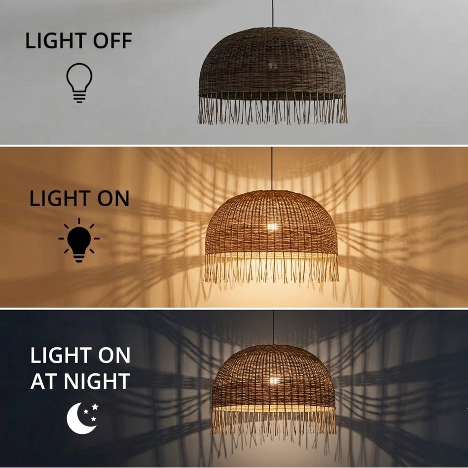 Organic modern hanging lamp, hand-crafted from bamboo, serving as art in a creative space.