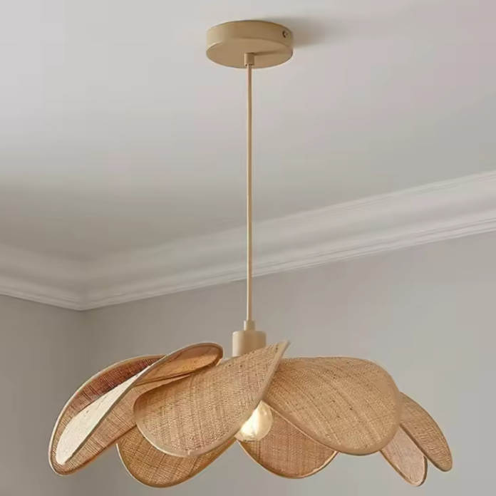 Hanging lamp in quiet luxury style, crafted from Rattan, offering sophisticated mood lighting for interiors.