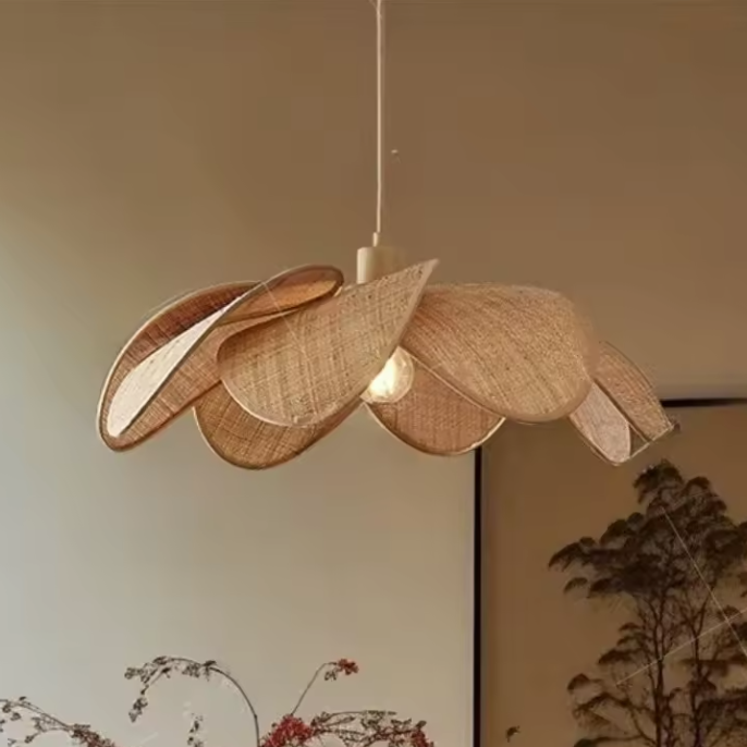 Hanging lamp in quiet luxury style, crafted from Rattan, offering sophisticated mood lighting for interiors.