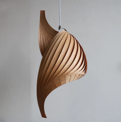 Hanging lamp in Wabi-sabi style, wood material, perfect for unique dining table mood lighting.