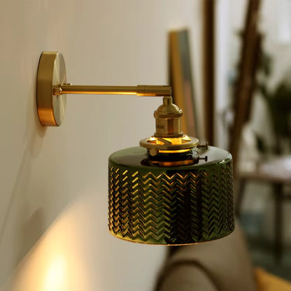 Luxury Solid Copper & Chevron Glass Wall Sconce | Vintage Patterned Wall Light