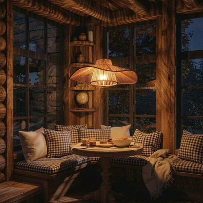 Elegant hemp pendant light enhancing the natural aesthetic of a Cozy living room area.