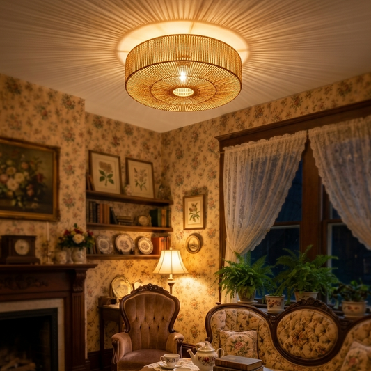 Cozy hemp rope flush mount light installed in a living room, creating a warm and grounded ambiance.
