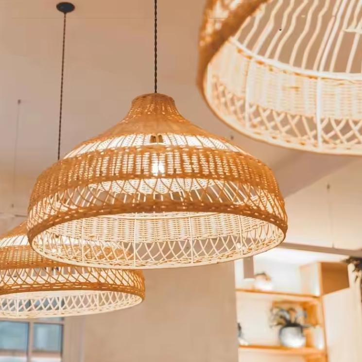 Premium bamboo dome shade adding an upscale, eco-resort and organic luxury feel to a contemporary restaurant or coffee shop.