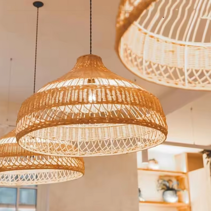 Premium bamboo dome shade adding an upscale, eco-resort and organic luxury feel to a contemporary restaurant or coffee shop.