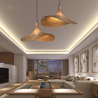 Premium bamboo wave light shade bringing an eco-friendly and organic luxury feeling to a modern restaurant interior.