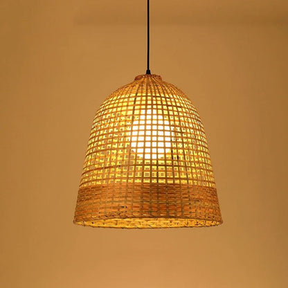 Aesthetic cafe bamboo hanging lamp cluster creating a cozy, tropical resort-like ambiance with sustainable lighting.