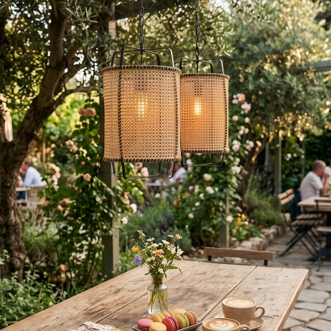 Industrial rattan cage restaurant pendant light creating a warm and sophisticated dining ambiance