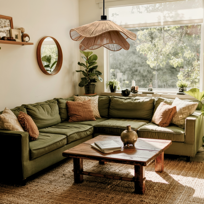 Japandi style natural hemp ceiling lamp with warm glow