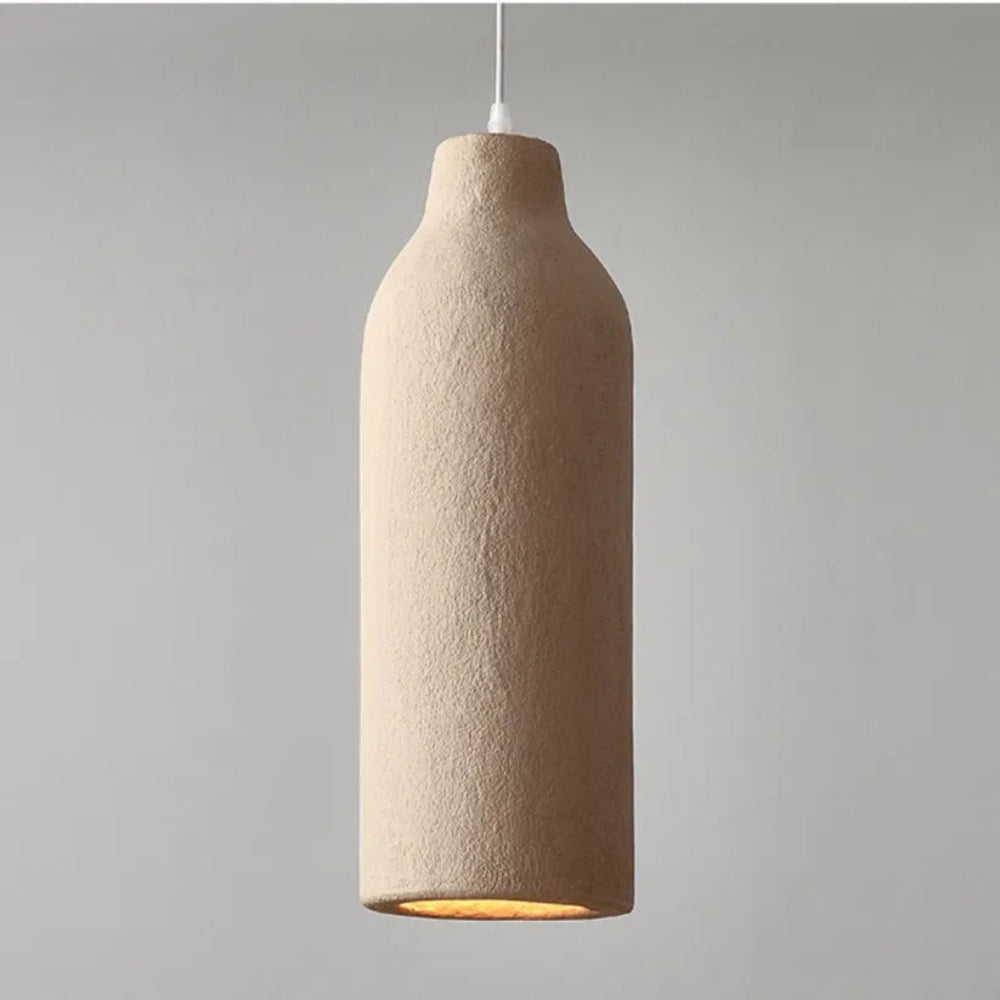Japandi aesthetic earthy hanging chandelier made of raw clay material, ideal for minimalist home decor.