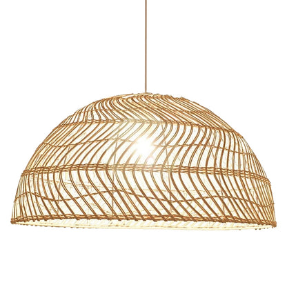 Minimalist Japandi bamboo pendant lamp cluster arranged in a tiered layout above a set dinner table.