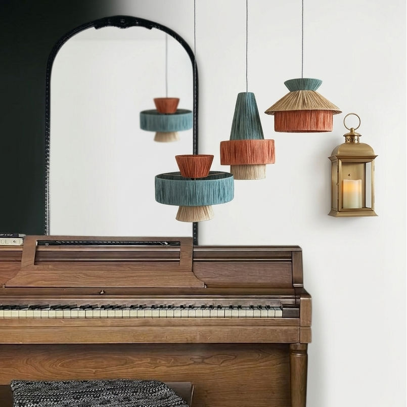 Colorful Japandi style straw hanging lamp for artistic home decoration