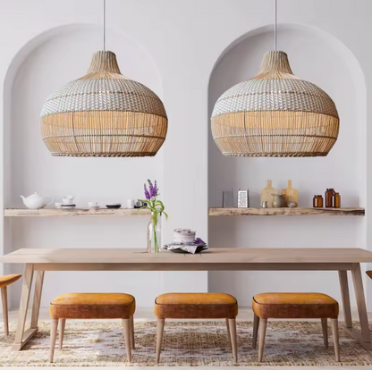Modern counter breakfast bar hanging lamps filtering warm ambient glow from an under-view angle, perfect for tasks and dining moods.