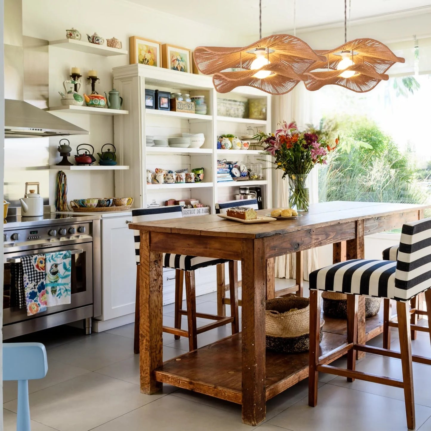 Minimalist kitchen island straw chandelier with a flexible 59-inch adjustable hardwired cord for perfect over-table placement.