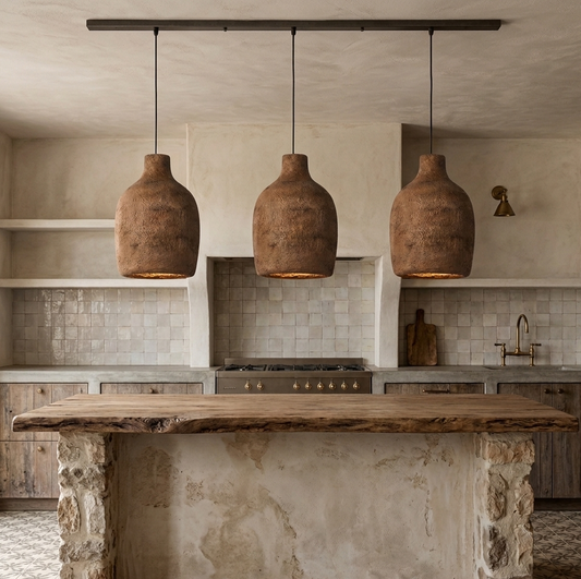 Earthy Japandi clay pendant light for stylish kitchen island decor