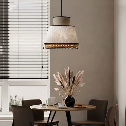 Japandi style cane and fabric lamp, bringing a serene, wabi-sabi balance to modern living spaces.