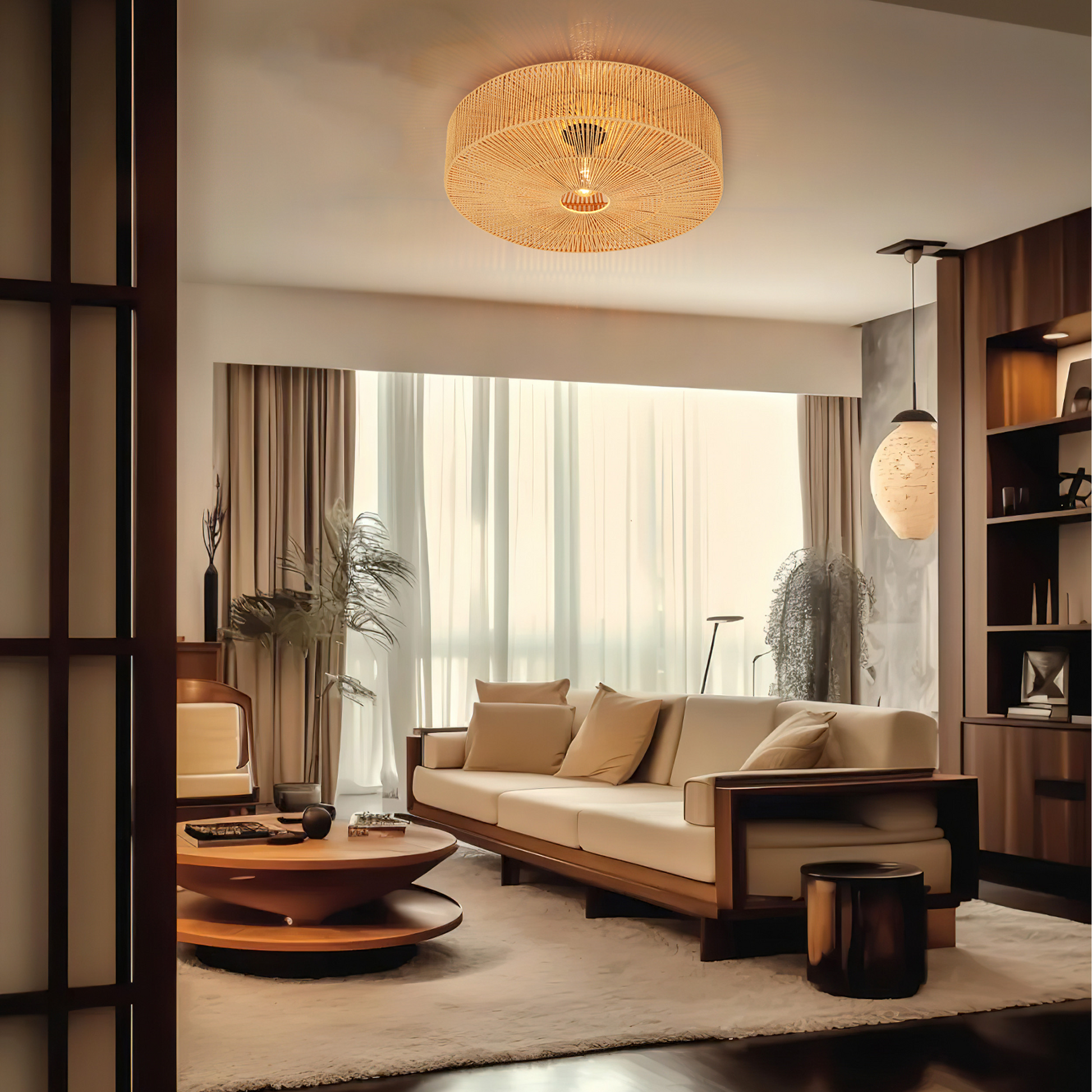 Japandi style hemp rope ceiling lamp, bringing a serene, wabi-sabi balance to modern living spaces.