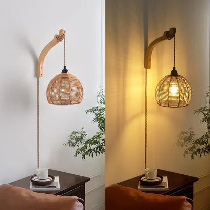 A split comparison of a wall-mounted pendant lamp in two states: left, unlit showing a natural woven rattan shade and light wood bracket; right, lit casting a warm yellow glow against a white wall above a dark wooden side table.