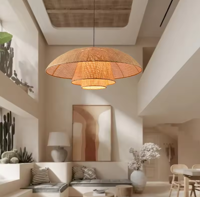 Japandi living room rattan pendant completing an organic modern home environment with a bright, airy window backdrop.