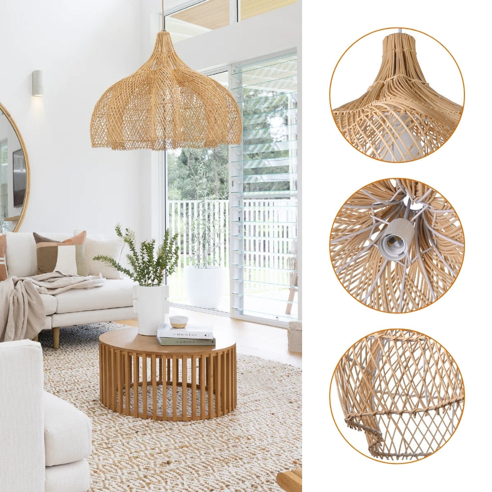 Japandi living room rattan pendant filtering a cozy amber glow over a low wooden counter decorated with minimalist ceramic teacups.